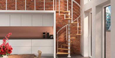 Spiral staircase with compact structure, suitable for stylish yet space-efficient access.