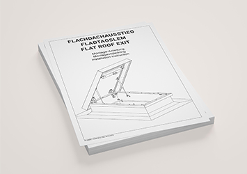 Image of a booklet titled 'Flat Roof Exit Mounting Instructions,' showing a technical drawing of a roof hatch on the cover.