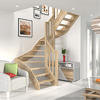 Elegant wooden staircase in a living room with framed pictures, furniture, and natural lighting.